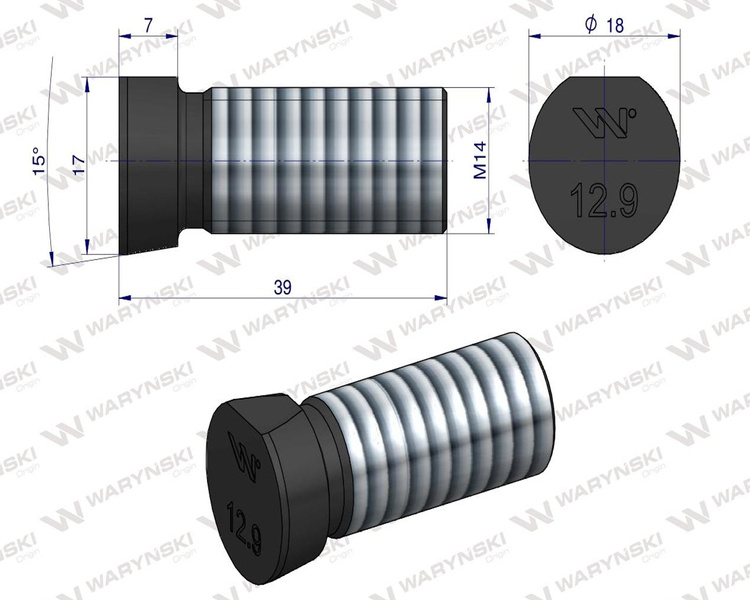 Śruba kpl. płużna oval z jednej strony ścięta M14x39 mm kl.12.9 Kverneland Waryński