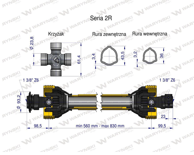 Wał przegubowo-teleskopowy 560-830mm 270Nm 40220 CE seria 2R WARYŃSKI