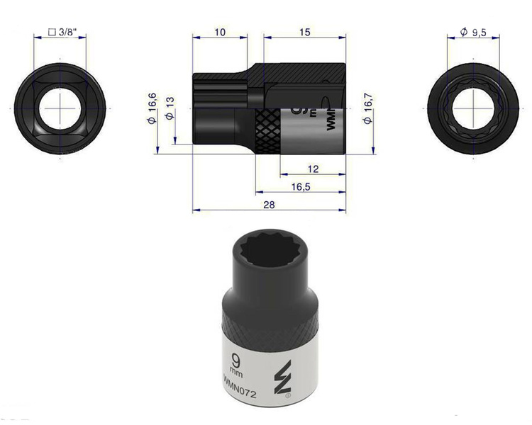 Nasadka dwunastokątna 3/8" 9 mm Waryński