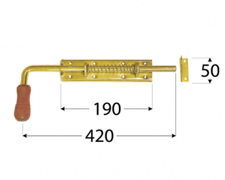 Zasuwka sprężynowa z rączką drewnianą 420x190x50 do bramy furtki domax