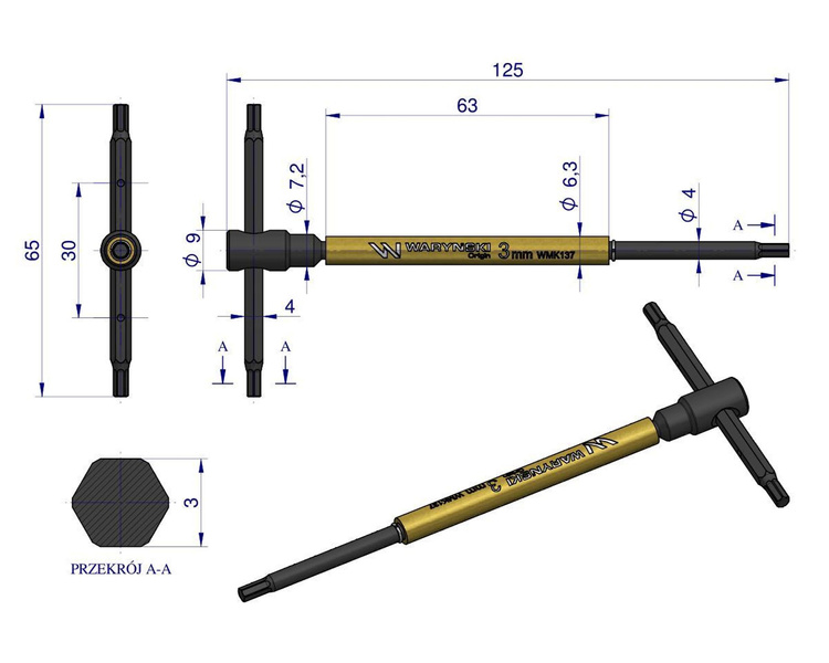 Klucz T ze spinnerem HEX 3 mm Waryński