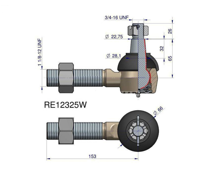 Przegub kierowniczy RE12325 153mm- 1 1/8-12 WARYŃSKI