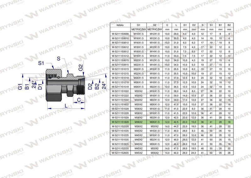 Złączka hydrauliczna metryczna AB (XKOR) A-M36x2 28L / B-M26x1.5 18L Waryński