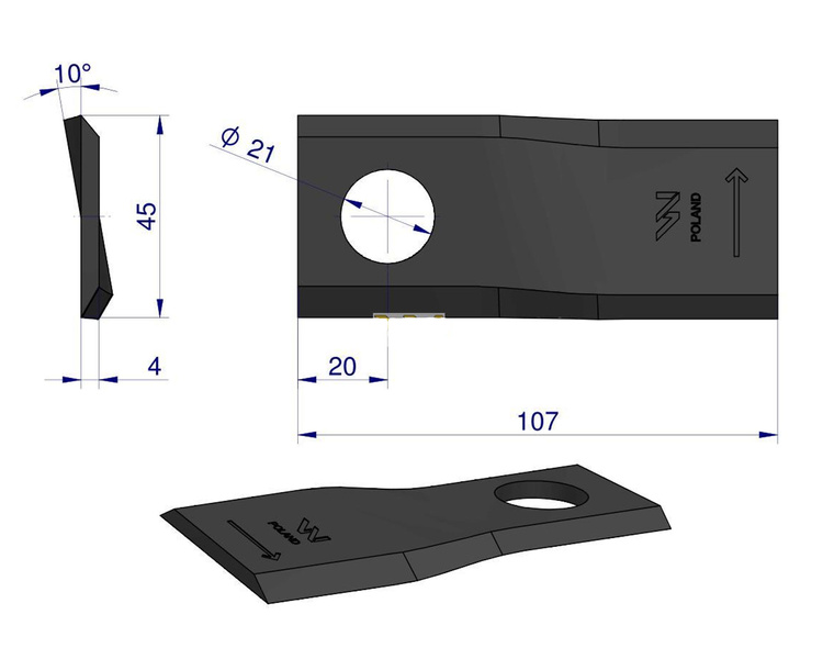 Nóż. nożyk kosiarka lewy 107x46x4mm otwór 21 55903210 Kuhn WARYŃSKI