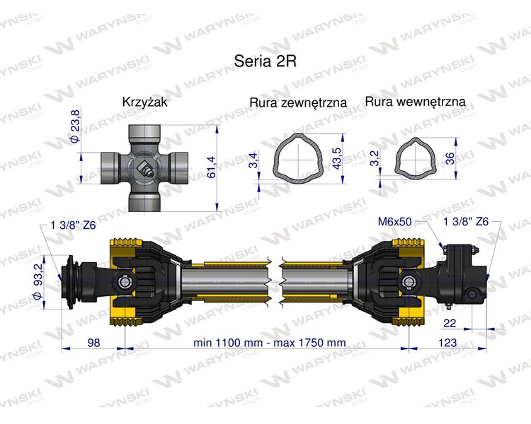 Wał przegubowo-teleskopowy 1110-1750mm 270Nm sprzęgło z kołkiem 900Nm CE seria 2R WARYŃSKI