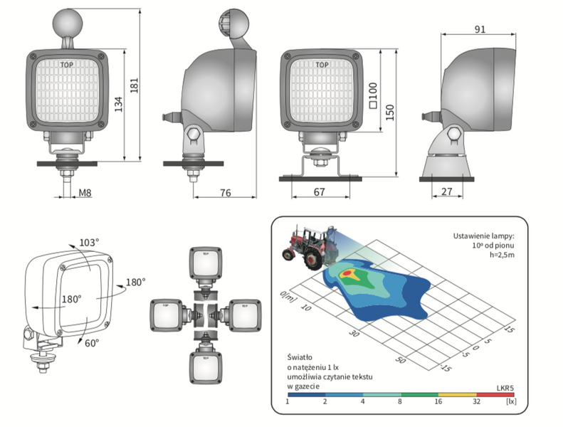 lampa robocza halogenowa 100x100mm WESEM z uchwytem omega i wyłącznikiem LKR5.39901
