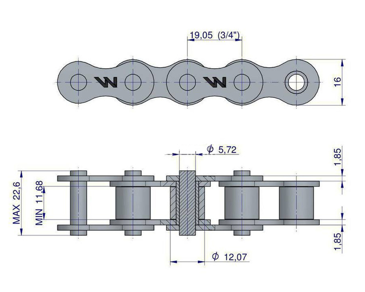 Łańcuch rolkowy 12B-1 (R1 3/4) Waryński