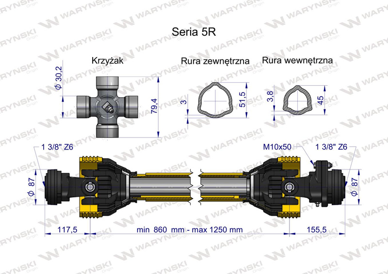 Wał przegubowo-teleskopowy 860-1250mm 620Nm sprzęgło z kołkiem 2200Nm 60960 CE 2020 seria 5R WARYŃSKI 
