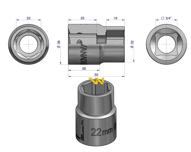 Nasadka sześciokątna 3/4". 22 mm. DIN 3124. Waryński