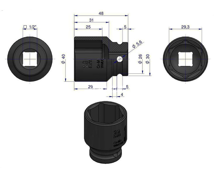 Nasadka udarowa sześciokątna 1/2" 29 mm Waryński