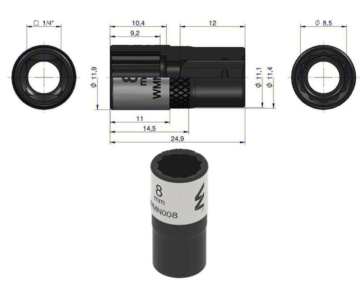 Nasadka dwunastokątna 1/4". 8 mm  Waryński