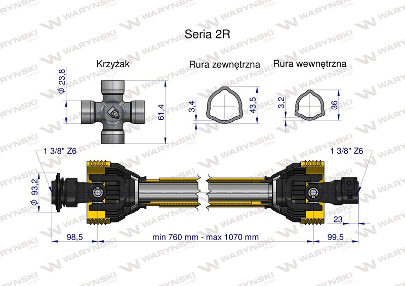 Wał przegubowo-teleskopowy 760-1070mm 270Nm 40240 CE seria 2R WARYŃSKI