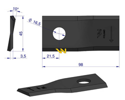 Nóż. nożyk kosiarka prawy 98X46X3.5mm otwór 16.5 40490005 Morra WARYŃSKI