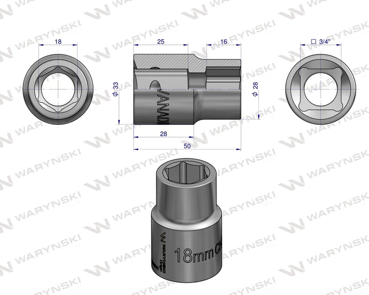 Nasadka sześciokątna 3/4" 18 mm. DIN 3124. Waryński