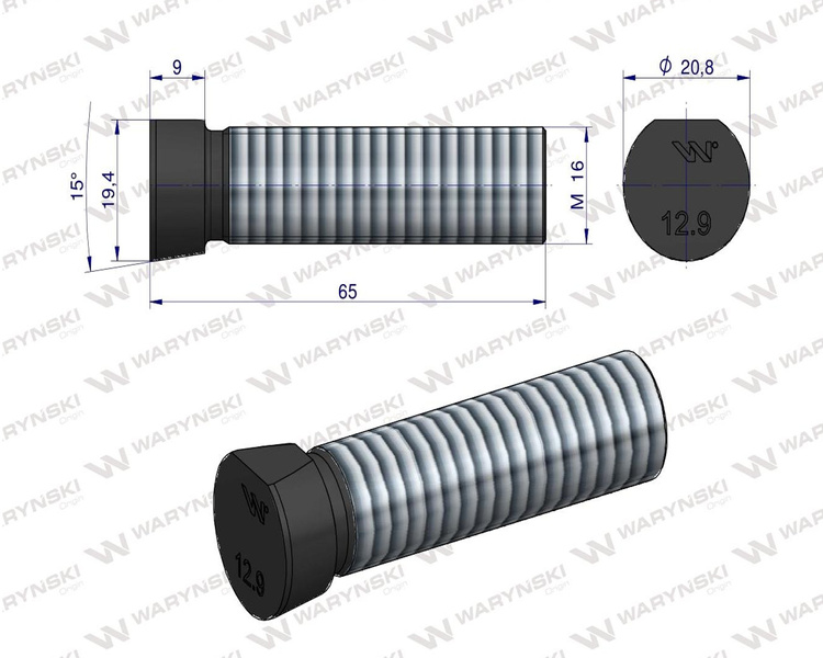 Śruba kpl. płużna oval z jednej strony ścięta M16x65 mm kl.12.9 Kverneland Waryński M16X65OV1