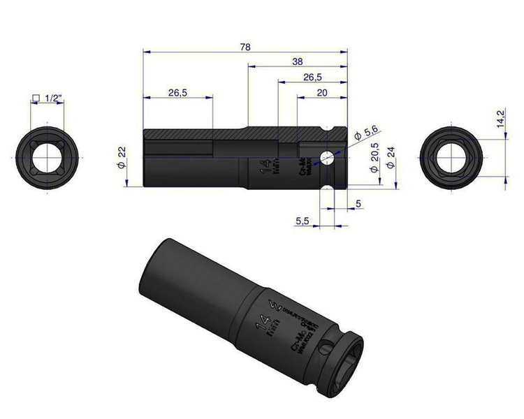 Nasadka udarowa sześciokątna długa 1/2" 14 mm Waryński