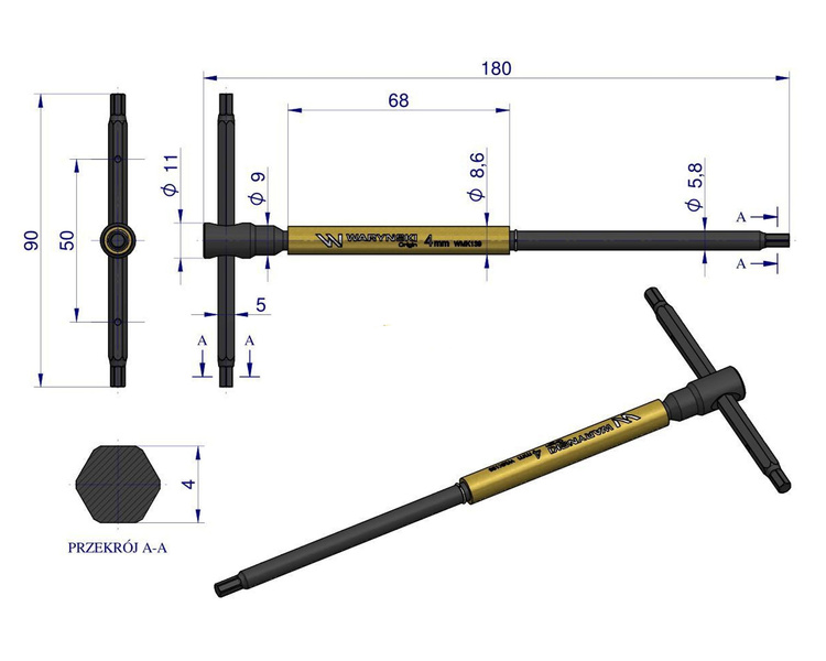 Klucz T ze spinnerem HEX 4 mm Waryński