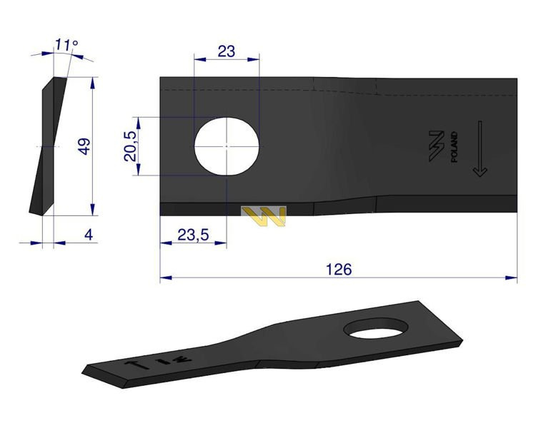 Nóż. nożyk kosiarka prawy 126x48x4mm otwór 20.5x23 56110400 Kverneland Taarup WARYŃSKI