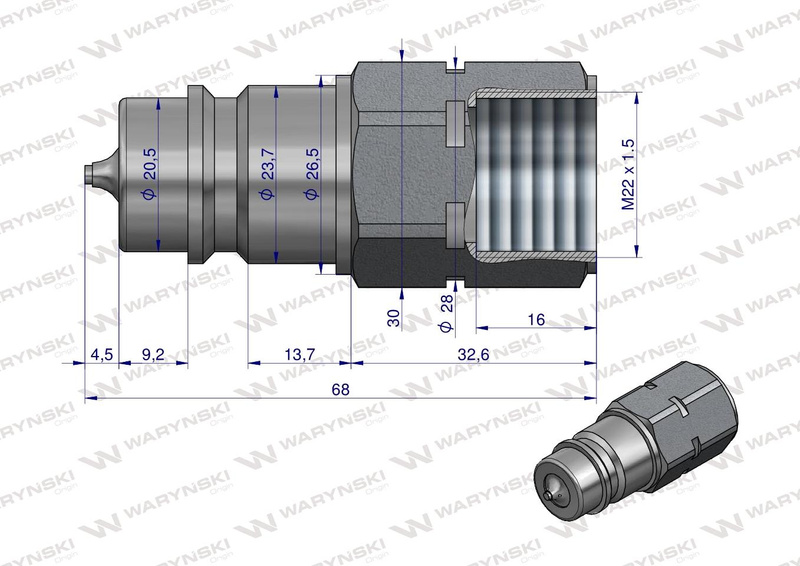 Szybkozłącze hydrauliczne wtyczka z eliminatorem ciśnienia M22x1.5 gwint wew. EURO (ISO 7241-A) Waryński 