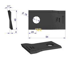 Nóż. nożyk kosiarka lewy 94x50x4mm otwór 19 58031193 BCS WARYŃSKI