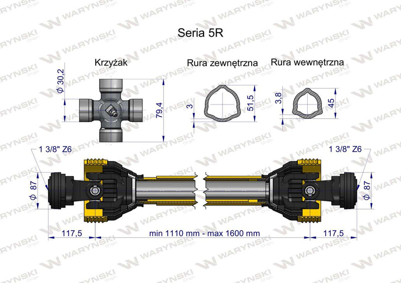 Wał przegubowo-teleskopowy 1110-1600mm 620Nm 60280 CE 2020 seria 5R Waryński