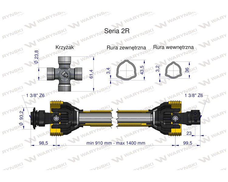 Wał przegubowo-teleskopowy 910-1400mm 270Nm 40260 CE seria 2R WARYŃSKI