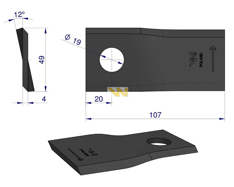 Nóż. nożyk kosiarka lewy 107x50x4mm otwór 19 13800031 JF-Stoll WARYŃSKI
