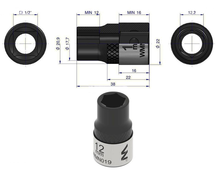 Nasadka sześciokątna 1/2" 12 mm Waryński