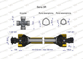 Wał przegubowo-teleskopowy 510-720mm 460Nm Z21 z dwóch stron CE seria 3R WARYŃSKI [W32202510]