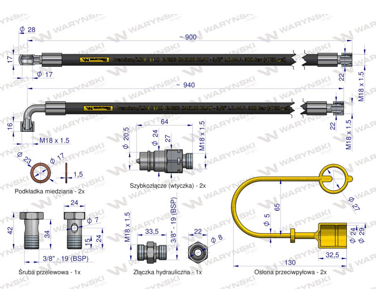 Łącznik Hydrauliczny KAT-3 FI25 z zestawem przewodów hydraulicznych Waryński