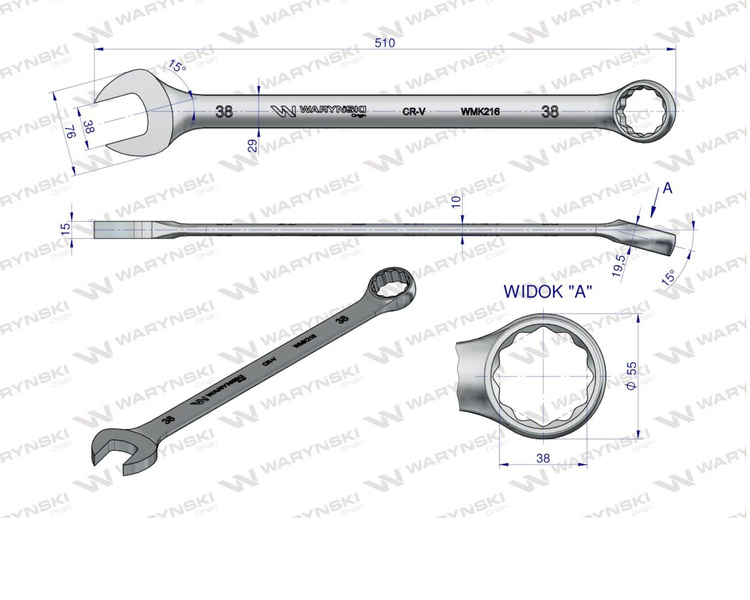 Klucz płaskooczkowy extra długi 38mm dł 510mm standard ASME B107.9M Waryński