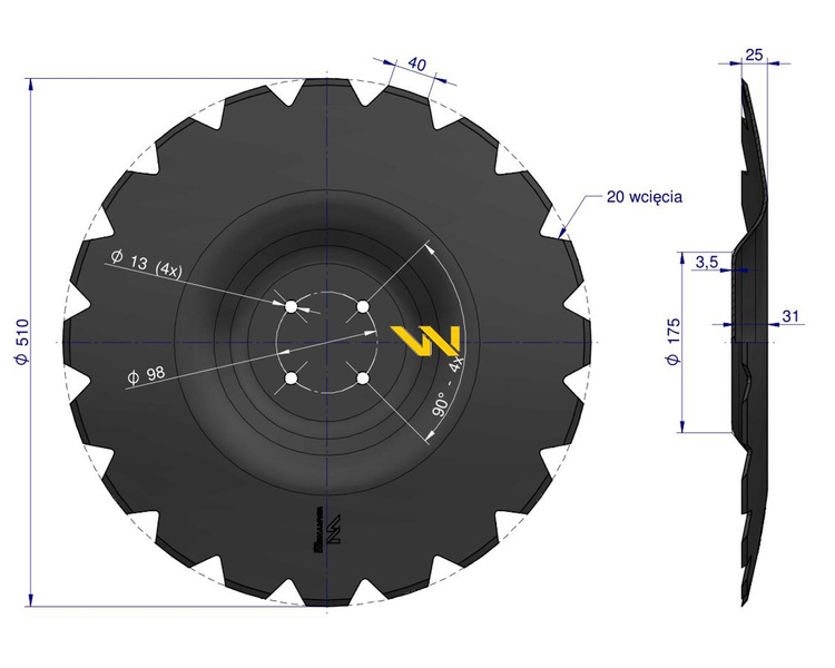 Talerz uzębiony Z-20 fi 510 mocowanie 4 / 98 grubość 3,5 stal borowa Waryński