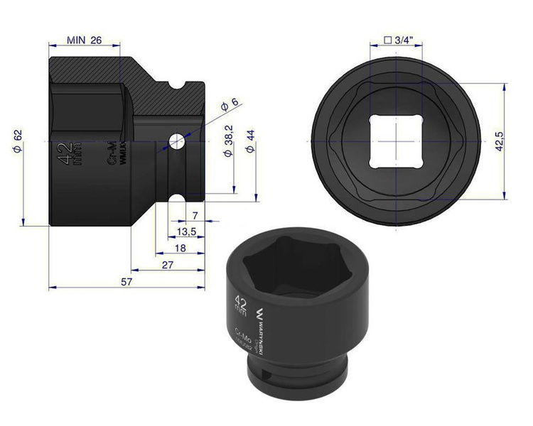 Nasadka udarowa sześciokątna 3/4" 42 mm Waryński