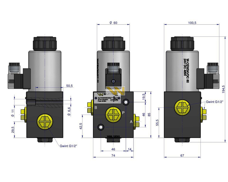 Elektrozawór 3-drogowy elektromagnetyczny kontroli 3/2 W-E12DVS3/2-80L G1/2" 80L (24V DC) Waryński