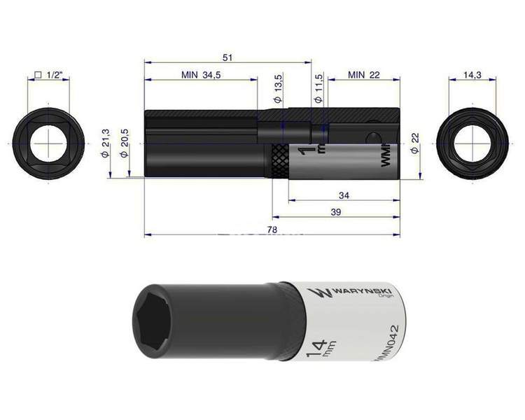 Nasadka sześciokątna 1/2" 14 mm długa Waryński