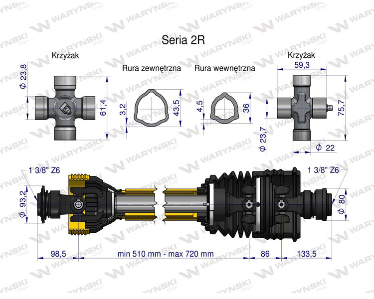 Wał przegubowo-teleskopowy 510-720mm 270Nm szerokokątny CE seria 2R WARYŃSKI