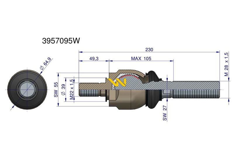Przegub kierowniczy 230mm- M22x1.5; M28x1.5 3957095 Landini WARYŃSKI