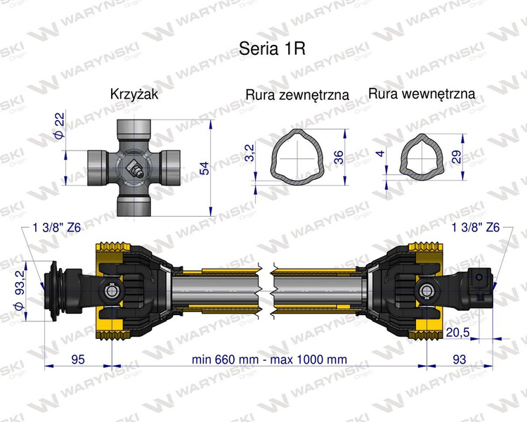 Wał przegubowo-teleskopowy 660-1000mm 210Nm 10230 CE seria 1R WARYŃSKI