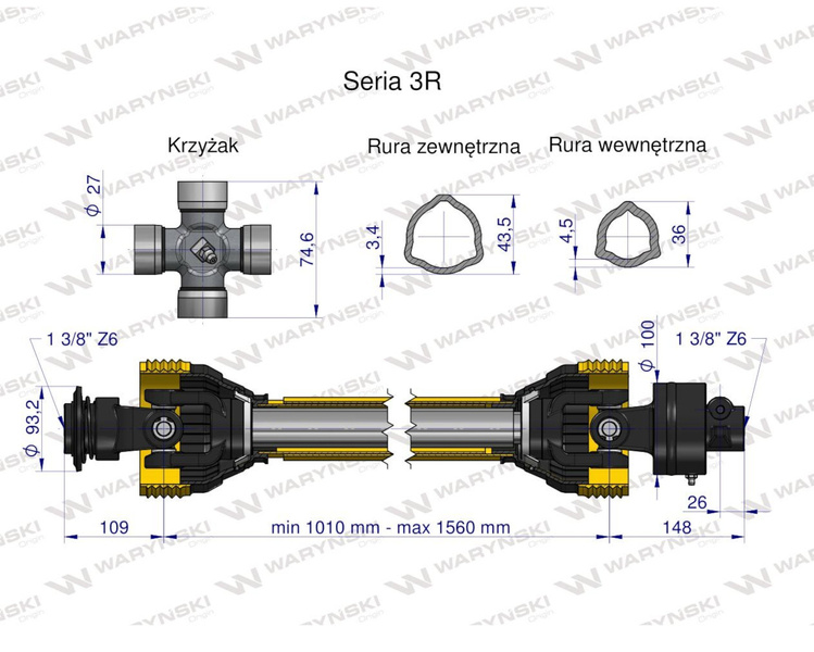 Wał przegubowo-teleskopowy 1010-1560mm 460Nm sprzęgło jednokierunkowe CE seria 3R WARYŃSKI