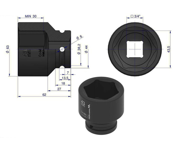 Nasadka udarowa sześciokątna 3/4" 43 mm Waryński