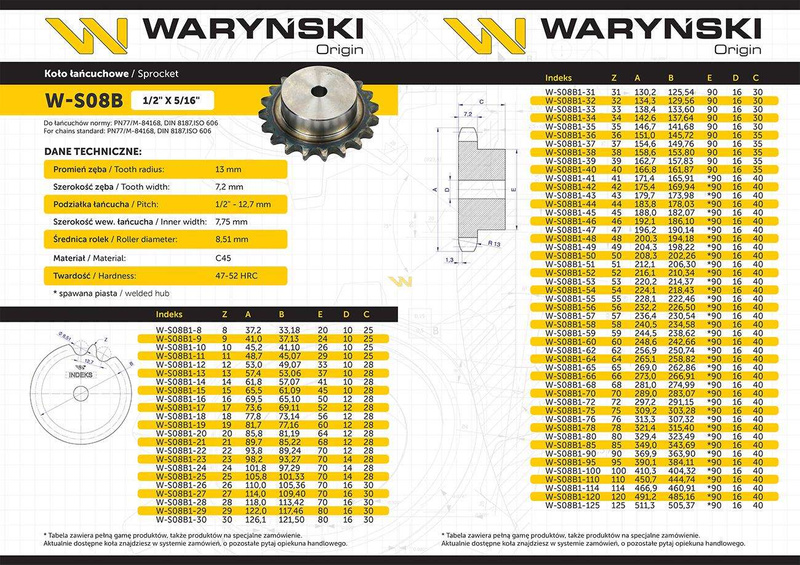 Koło zębate hartowane z kołnierzem 08B-1 (R1 1/2) Z-10 Waryński