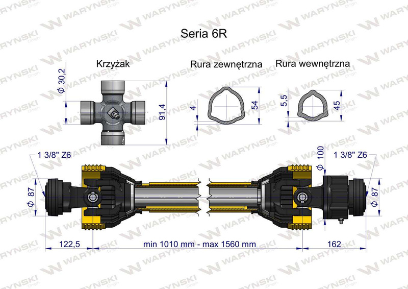 Wał przegubowo-teleskopowy 1010-1560mm 830Nm sprzęgło jednokierunkowe CE 2020 seria 6R WARYŃSKI