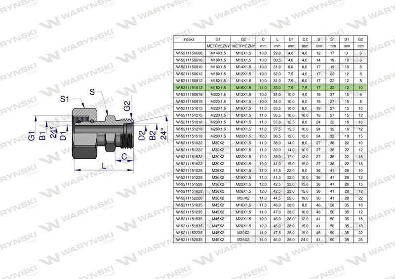 Złączka hydrauliczna metryczna AB (XKOR) A-M18x1.5 12L / B-M16x1.5 10L Waryński