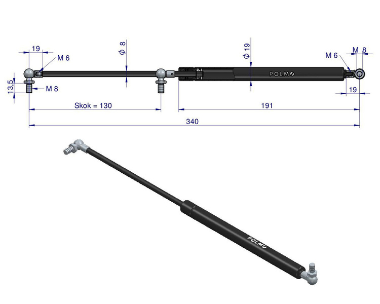siłownik amortyzator gazowy A=340 B=170 F=250N skok 130, POLMO 3 LATA GWARANCJI