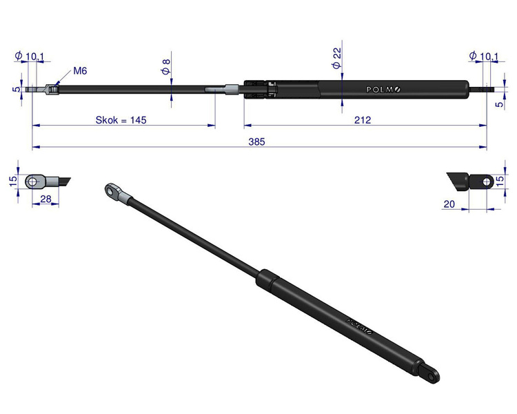 siłownik amortyzator gazowy A=385 B=200 F=350N skok 145, POLMO 3 LATA GWARANCJI 3783428M2