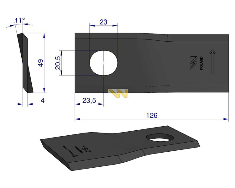 Nóż. nożyk kosiarka lewy 126x48x4mm otwór 20.5x23 56110900 Kverneland Taarup WARYŃSKI