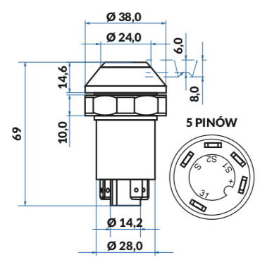 przycisk, włącznik resorowania przedniej osi JCB 08102/02235