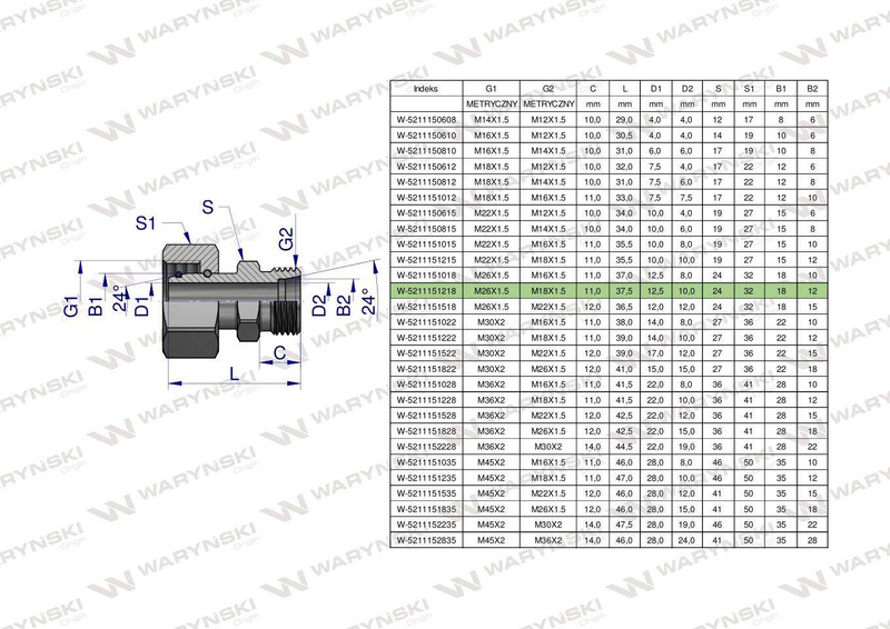 Złączka hydrauliczna metryczna AB (XKOR) A-M26x1.5 18L / B-M18x1.5 12L Waryński