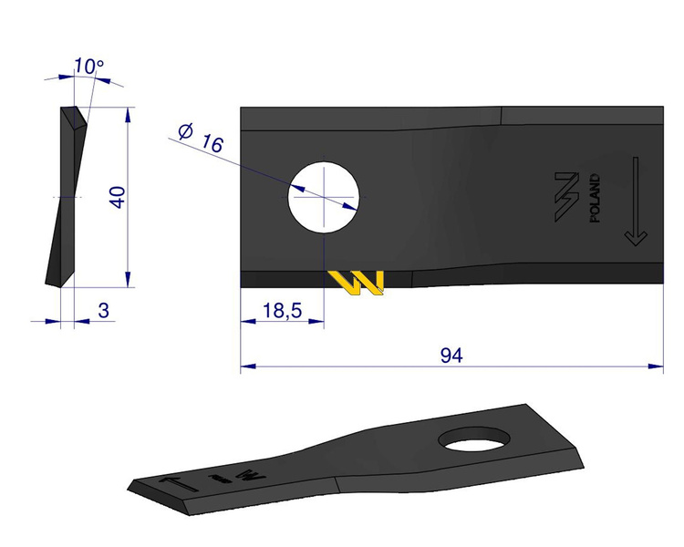 Nóż. nożyk kosiarka prawy 94X40X3mm otwór 16 RF 94 Famarol WARYŃSKI