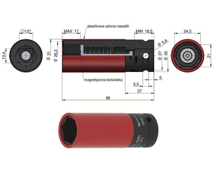 Nasadka udarowa 1/2 z magnesem do felg aluminiowych 21mm Waryński